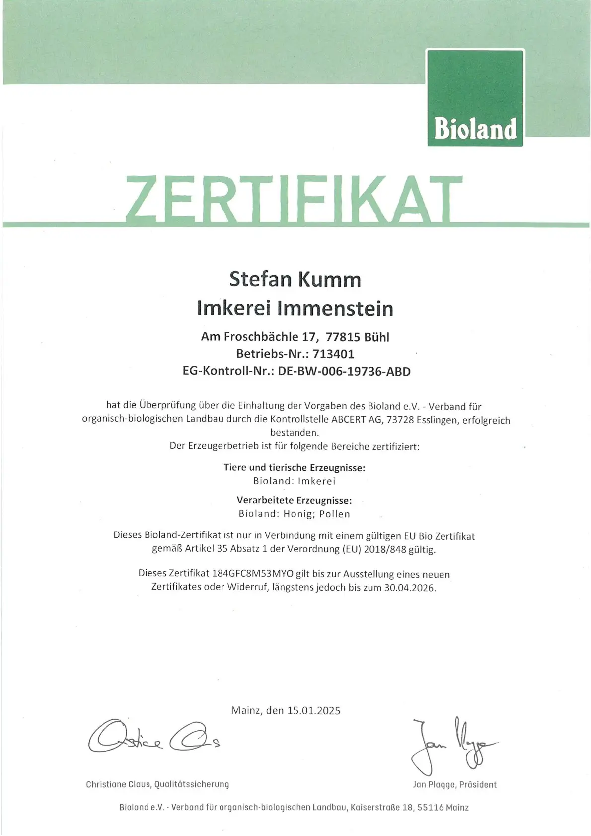 Bioland-Zertifikat gültig bis 30.04.2026