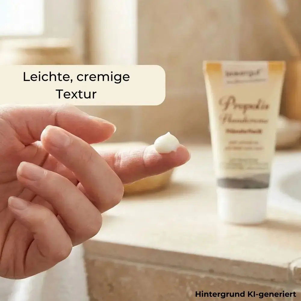 Hand greift nach Propolis Handcreme im Badezimmer, Anwendung fuer die taegliche Pflege trockener und beanspruchter Haende
