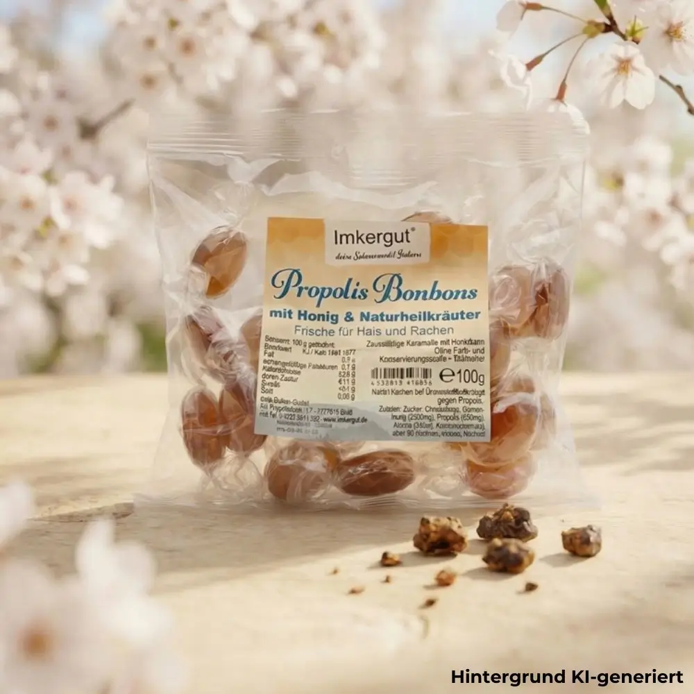 Propolis Bonbons stehen vor dem Kirschbaum