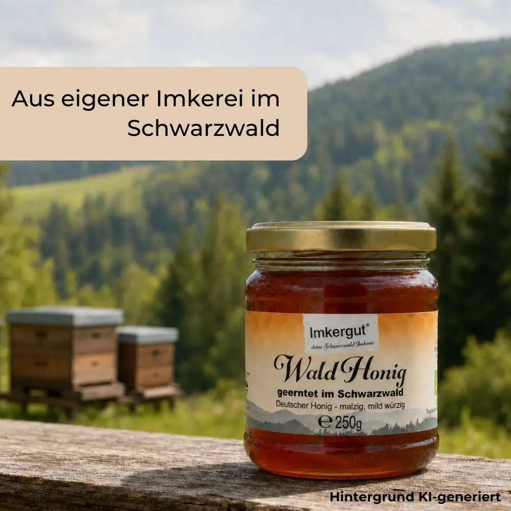 250-g-Glas Imkergut Waldhonig auf Holzbank vor Schwarzwald-Landschaft mit Bienenstöcken im Hintergrund und Hinweis „Aus eigener Imkerei aus dem Schwarzwald“.