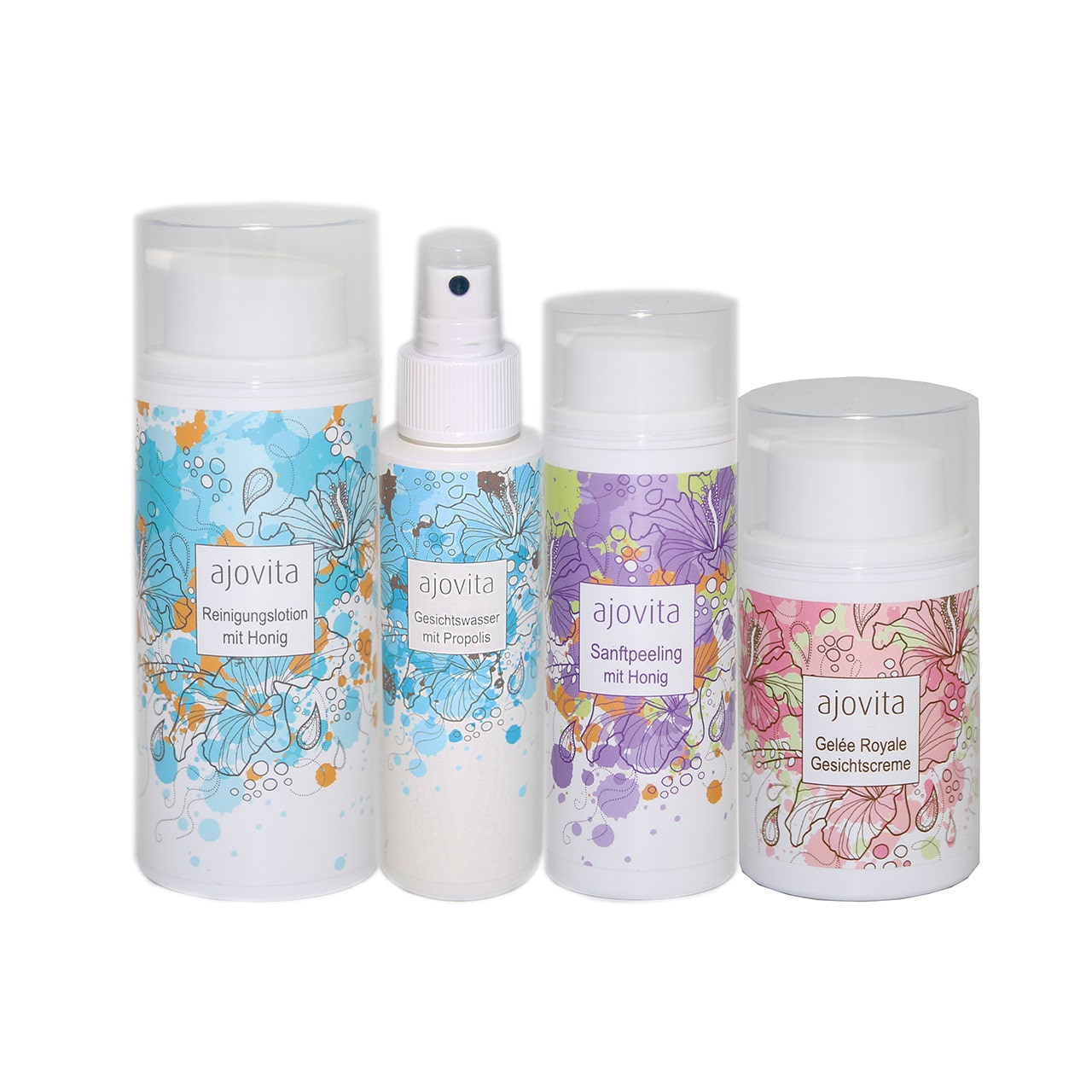 Reinigungslotion, Gesichtswasser, Peeling & Creme in einer Reihe