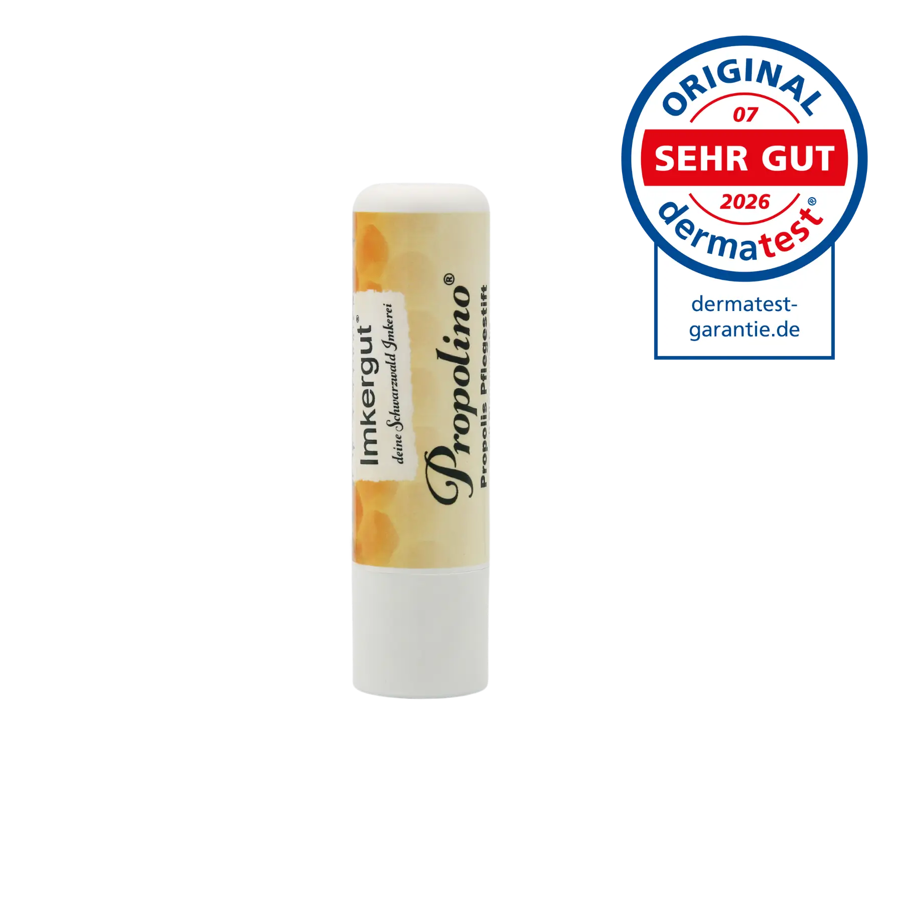 Der Propolino-Lippenpflegestift, daneben das "Sehr gut"-Siegel von Dermatest