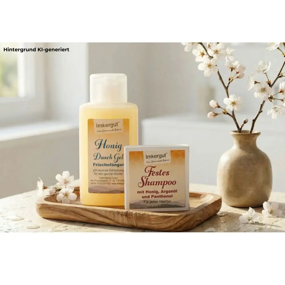 Honig Duschgel und festes Shampoo von Imkergut stehen auf einer Holzablage neben einer Vase mit Kirschblüten in einem hellen Badezimmer.