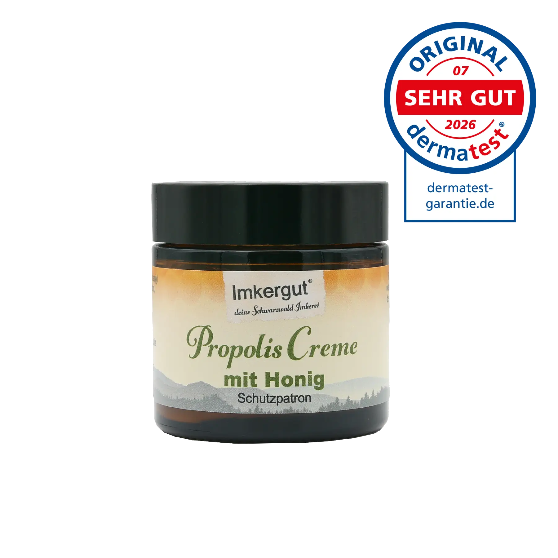 Ein Tiegel Propolis-Honig-Creme, daneben das "Sehr gut"-Siegel von Dermatest