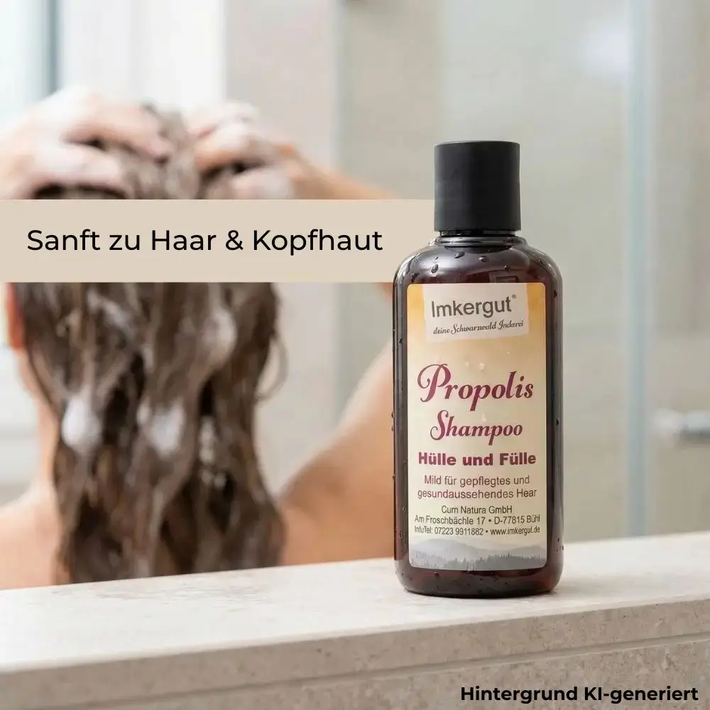 Eine Person wäscht sich die Haare unter der Dusche, im Vordergrund steht eine Flasche Propolis Shampoo, im Bild steht der Text „Sanft zu Haar & Kopfhaut“