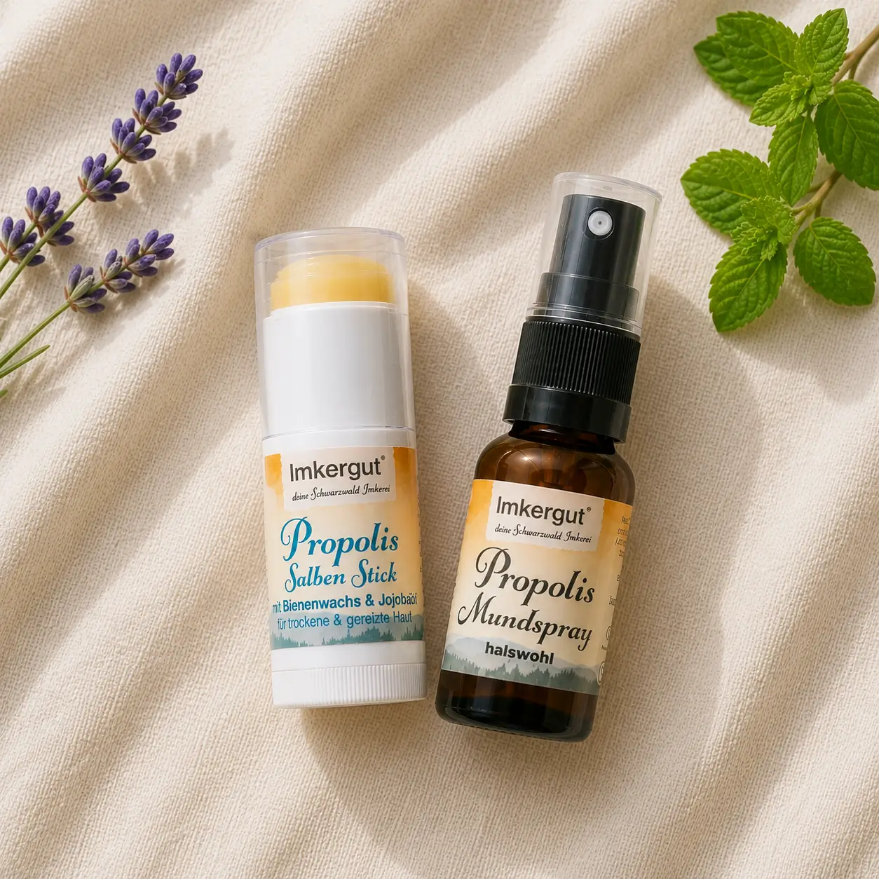 Der Propolis-Salbenstick und das Propolis-Mundspray im Set