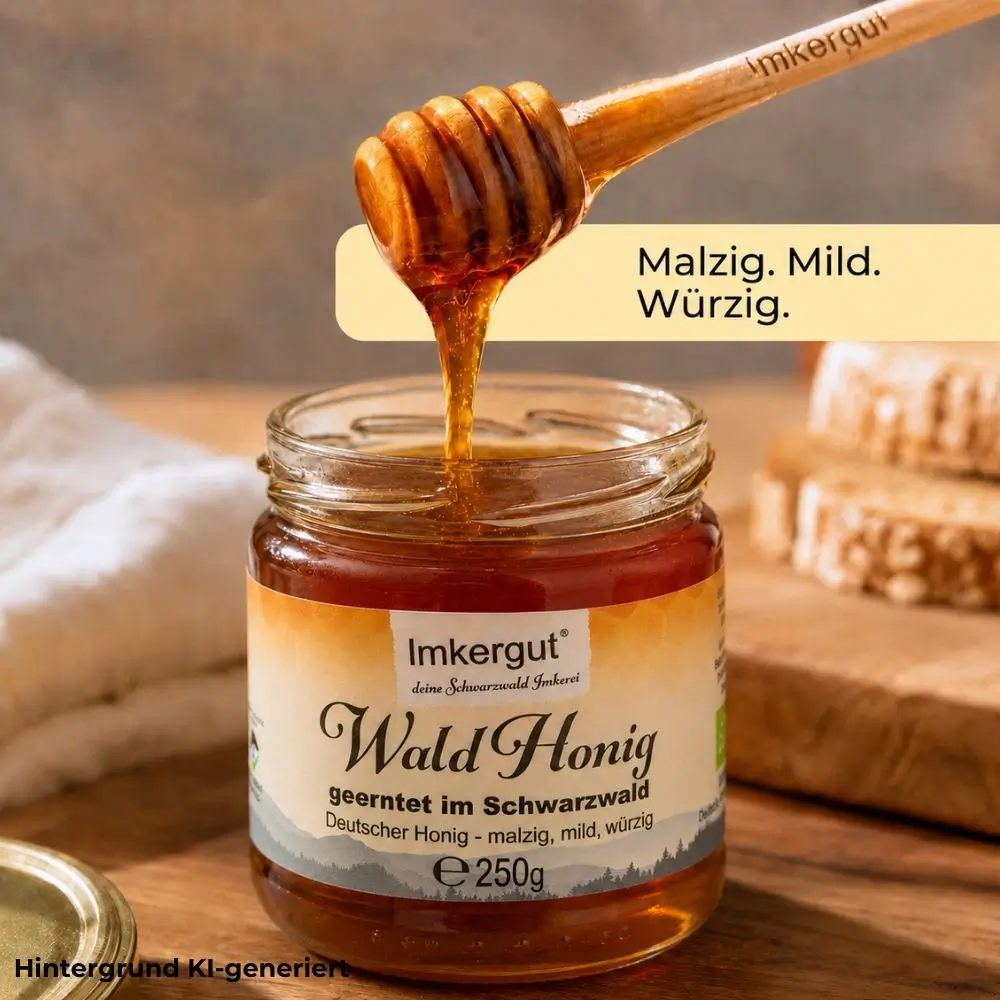 Geöffnetes 250-g-Glas Imkergut Waldhonig mit Honiglöffel, fließendem Honig und Texthinweis „Malzig. Mild. Würzig.“ in warmer Küchenatmosphäre.