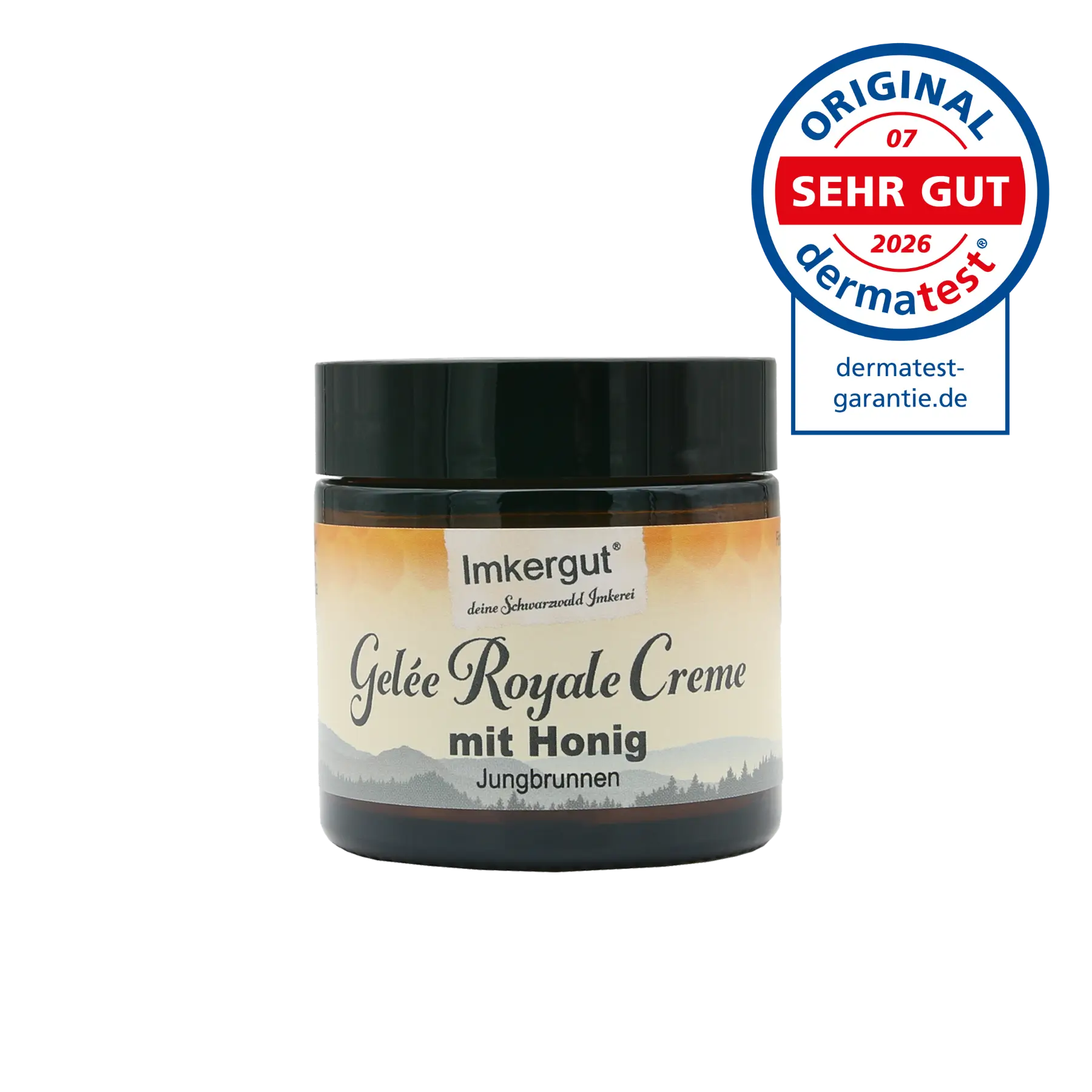 Ein Tiegel Gelée-Royale-Honig-Creme, daneben das "Sehr gut"-Siegel von Dermatest
