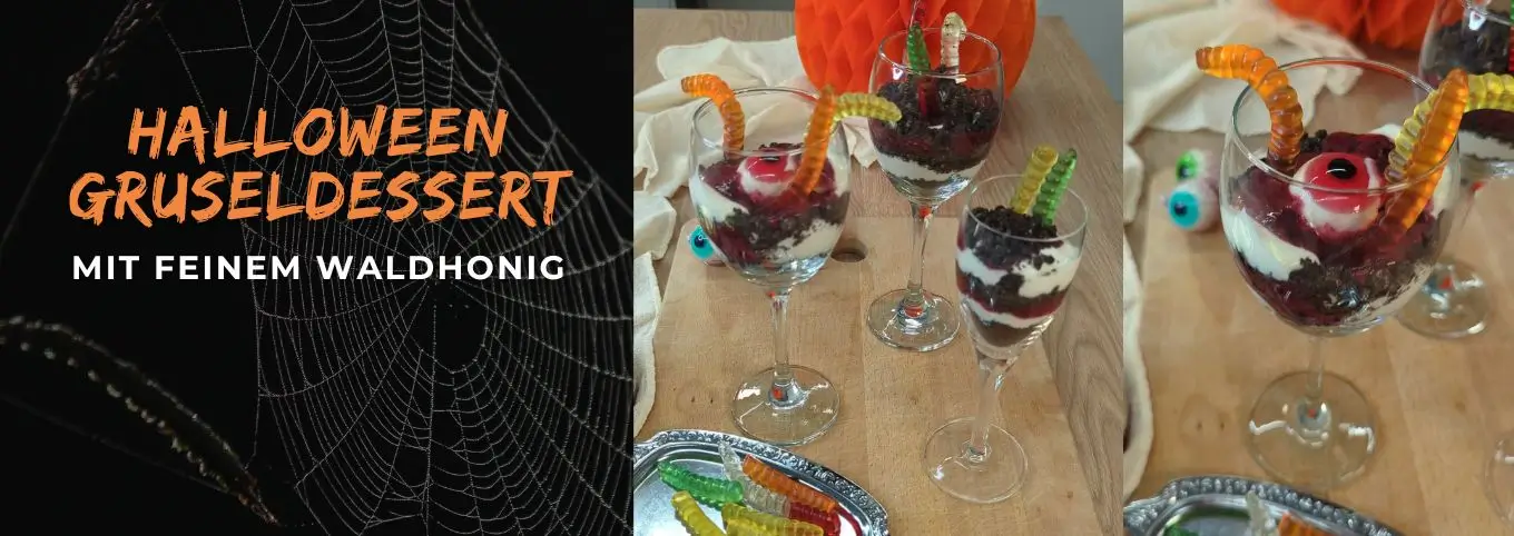 Dessertgläser mit Keks-Mascarpone-Dessert und Glibberwürmern