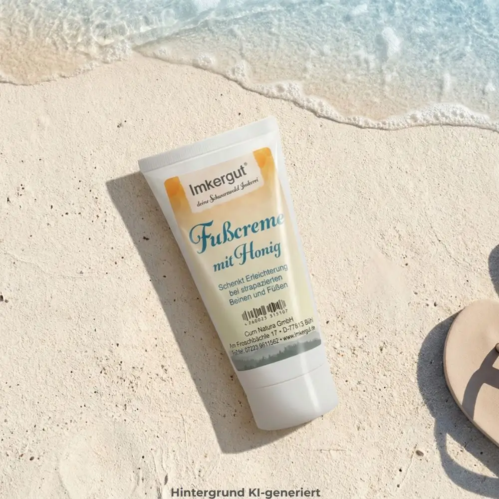 Fußcreme mit Honig liegt am Strand 