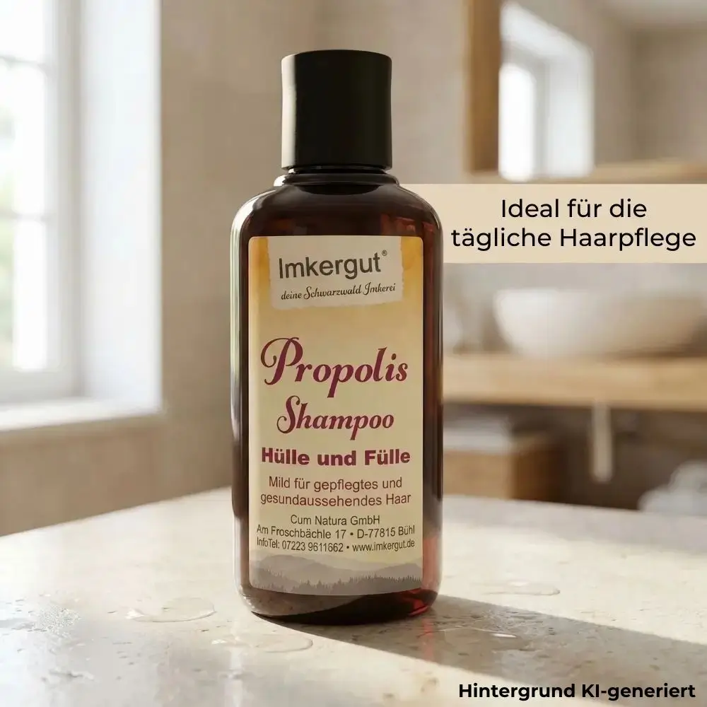 Eine Flasche Propolis Shampoo steht in einem hellen Badezimmer auf einer Steinoberfläche, im Bild steht der Text „Ideal für die tägliche Haarpflege“