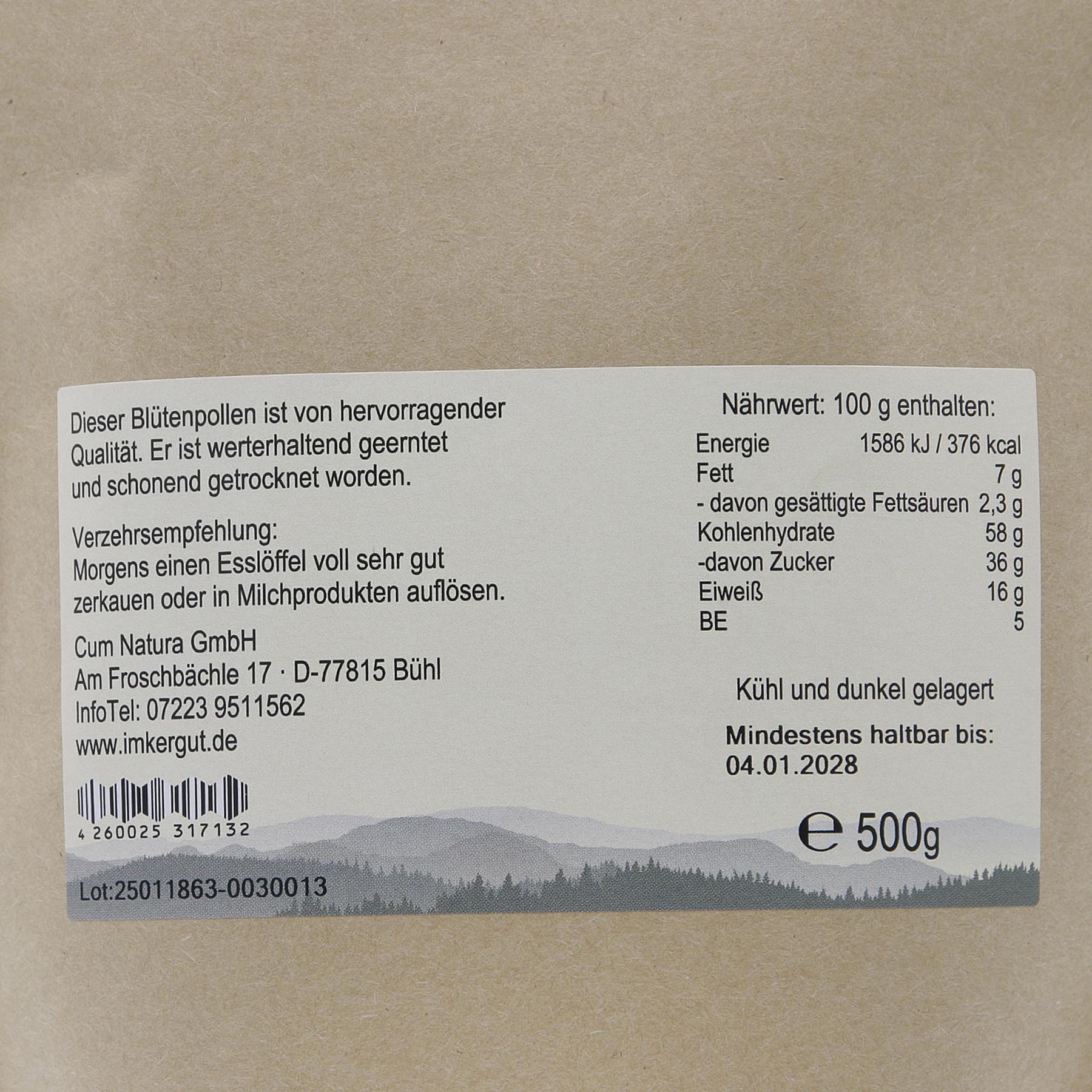 Spanischer Blütenpollen Etikett von hinten 